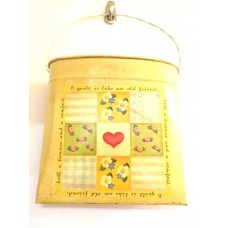 Large Yellow Mid Century "A Quilt is like an Old Friend" Metal Tin Wall Pocket   253685610797